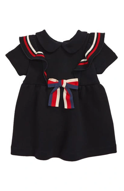 Shop Gucci Stripe Ruffle Trim Cotton Jersey Dress In Urban Blue