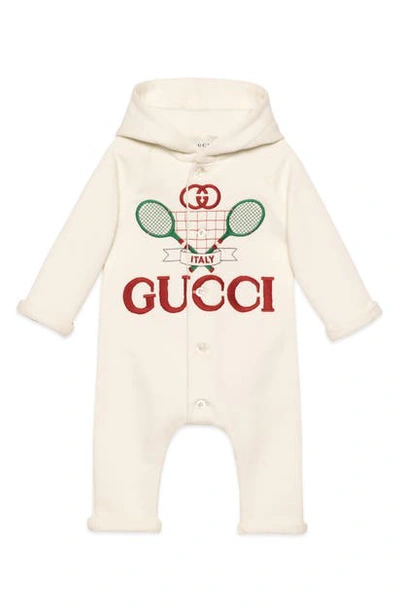Shop Gucci Embroidered Logo Hooded Romper In Ivory Multi