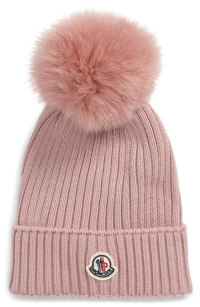 Shop Moncler Berretto Wool Beanie With Genuine Fox Fur Pom In Light Pink