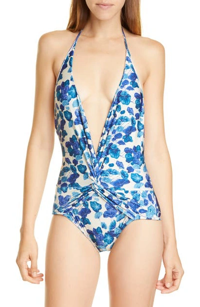 Shop Adriana Degreas Turquoise Flower One-piece Halter Swimsuit