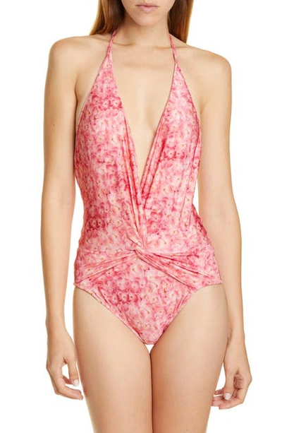 Shop Adriana Degreas Floral One-piece Halter Swimsuit In Hydrangea