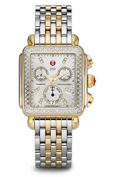 Shop Michele Deco Diamond Chronograph Watch Head & Bracelet, 33mm In Gold/ Silver/ Mop