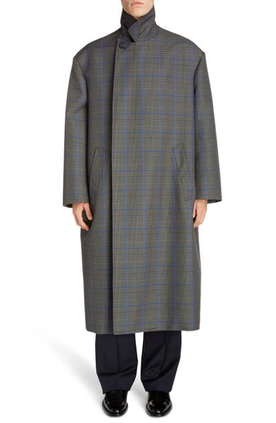 Shop Balenciaga Longline Plaid Flap Coat In Grey/blue