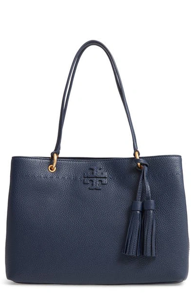 Shop Tory Burch Mcgraw Triple Compartment Leather Satchel In Royal Navy