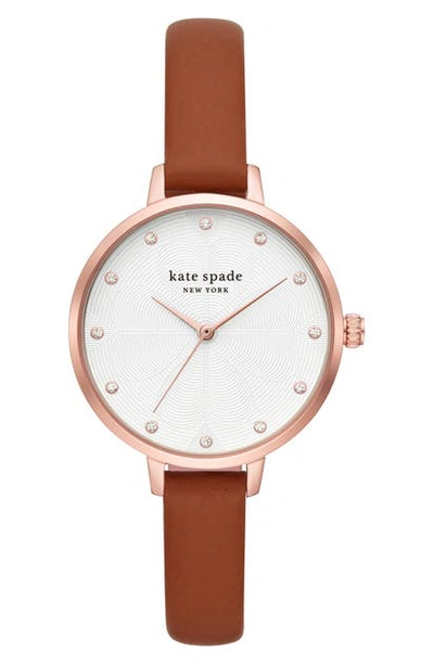 Shop Kate Spade Metro Leather Strap Watch, 34mm In Brown/ White/ Rose Gold