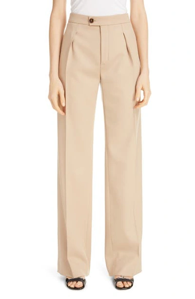 Shop Chloé Side Stripe Pintucked Stretch Wool Flare Pants In Soft Tan