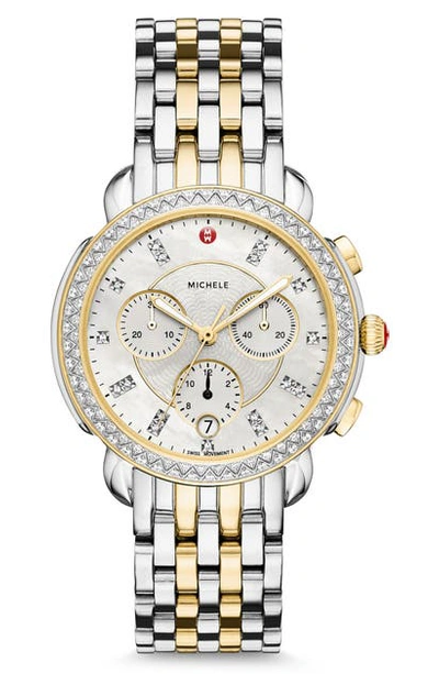 Shop Michele Sidney Chronograph Diamond Watch Head & Bracelet, 38mm In Gold/ Silver/ Mop