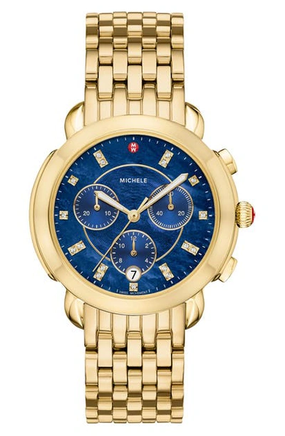 Shop Michele Sidney Chronograph Diamond Watch Head & Bracelet, 38mm In Gold/ Deep Blue Mop