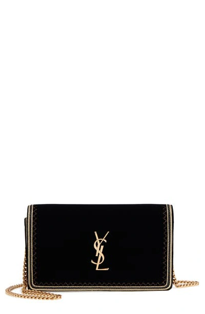 Shop Saint Laurent Monogram Velour Wallet On A Chain In Nero/ Gold
