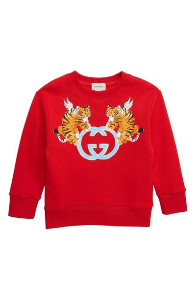 Shop Gucci Tiger Logo Sweatshirt In Crab Red/ Light Blue
