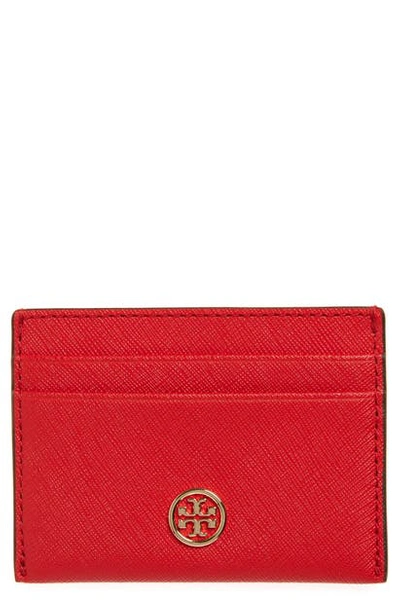 Shop Tory Burch Robinson Leather Card Case - Red In Brilliant Red