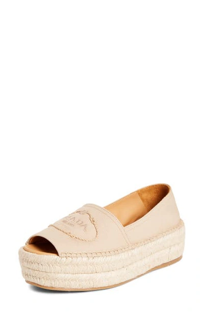 Shop Prada Open Toe Platform Espadrille In Beige