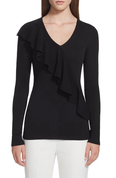 Shop Lafayette 148 Ruffle Trim Merino Wool & Silk Sweater In Black