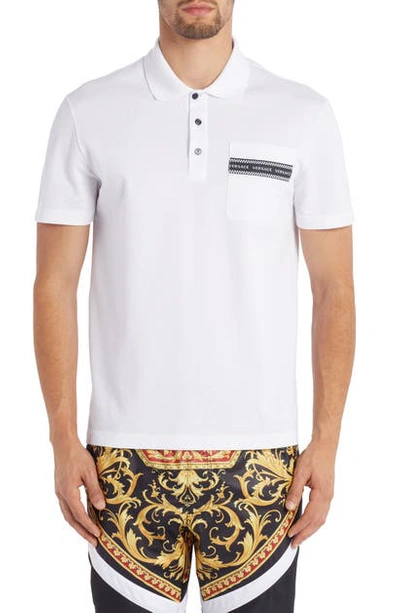 Shop Versace Logo Tape Short Sleeve Pique Pocket Polo In Optical White