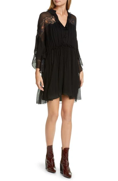 Shop Chloé Lace Panel Ruffle Long Sleeve Silk Minidress In Black