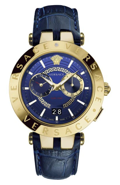 Shop Versace V-race Dual Time Leather Strap Watch, 46mm In Blue/ Gold