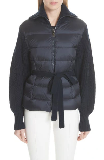 Shop Moncler Quilted Down Front Belted Wool & Cashmere Cardigan In Navy