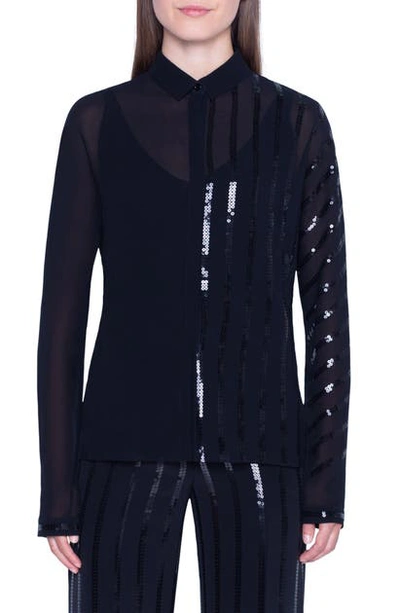 Shop Akris Sequin Stripe Silk Blend Georgette Blouse In Black