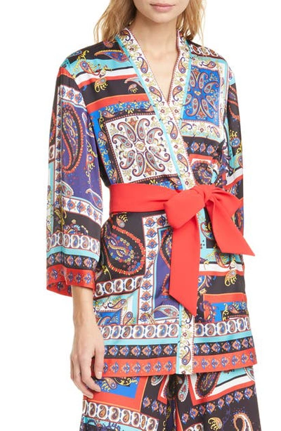 Shop Alice And Olivia Koko Patchwork Print Belted Jacket In Royalty Paisley