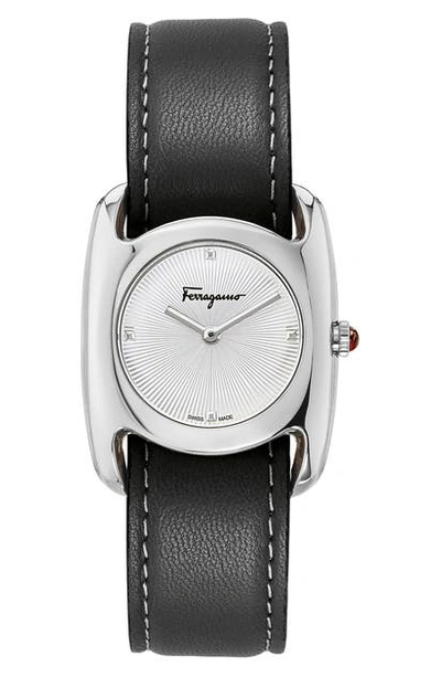 Shop Ferragamo Salvatore Feragamo Vara Leather Strap Watch, 28mm X 34mm In Black/ White Guilloche/ Silver