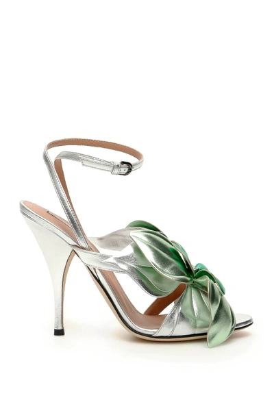 Shop Marco De Vincenzo Laminated Leather Sandals With Flower In Silver,green