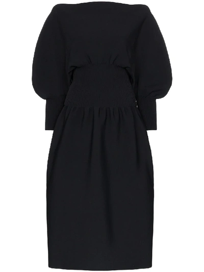 Shop Bottega Veneta Pouf Sleeve Flared Midi Dress In Black