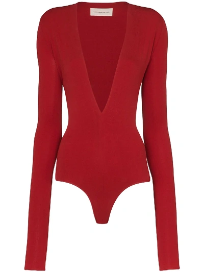Shop Alexandre Vauthier Square-shoulder V-neck Bodysuit In Red