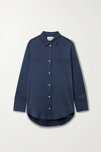 Shop Asceno Net Sustain Milan Washed-silk Pajama Shirt In Midnight Blue