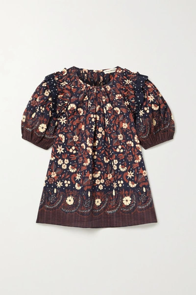 Shop Ulla Johnson Arbor Ruffled Floral-print Cotton-voile Top In Midnight Blue
