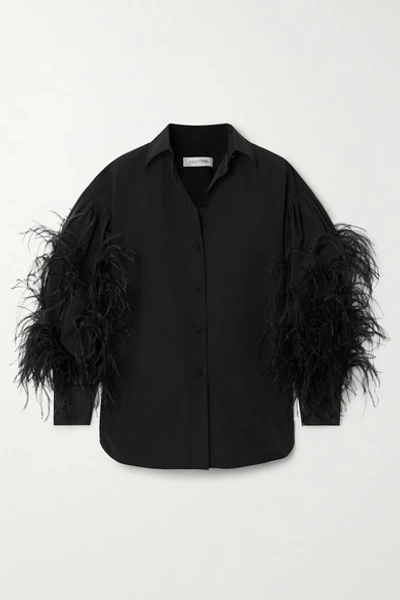 Shop Valentino Feather-trimmed Cotton-blend Poplin Blouse In Black