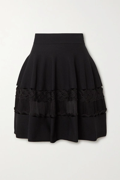 Shop Alexander Mcqueen Crochet-paneled Ribbed Stretch-knit Mini Skirt In Black