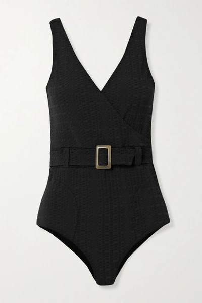 Shop Lisa Marie Fernandez + Net Sustain Yasmin Belted Wrap-effect Seersucker Swimsuit In Black
