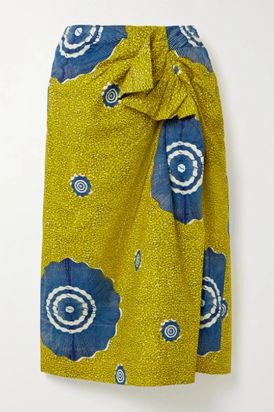Shop Ulla Johnson Ember Wrap-effect Ruffled Printed Cotton-poplin Midi Skirt In Sage Green
