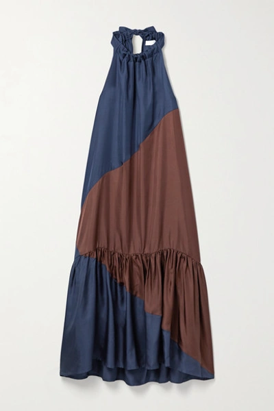 Shop Asceno Net Sustain Ibiza Color-block Washed-silk Maxi Dress In Navy