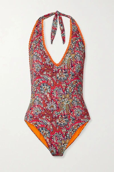 Shop Etro Crochet-trimmed Paisley-print Halterneck Swimsuit In Coral