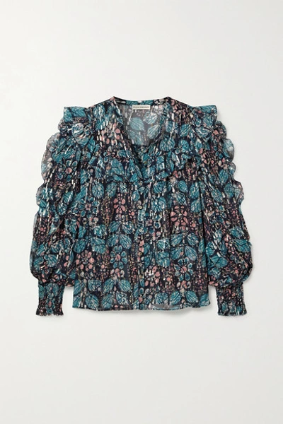 Shop Ulla Johnson Isadora Ruffled Floral-print Fil Coupé Silk And Lurex-blend Georgette Blouse In Blue