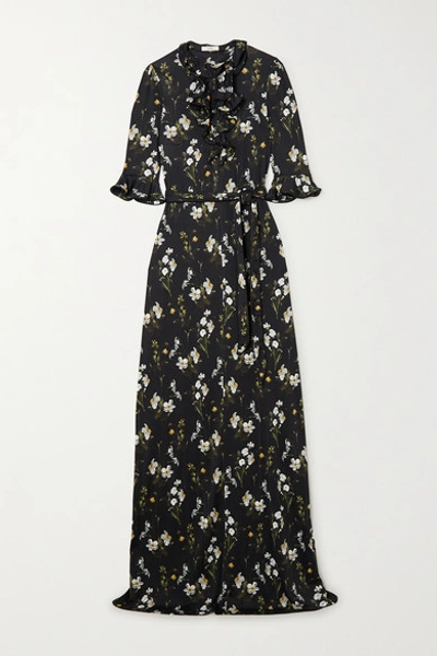 Shop Erdem Farrell Belted Ruffled Floral-print Jersey Gown In Black