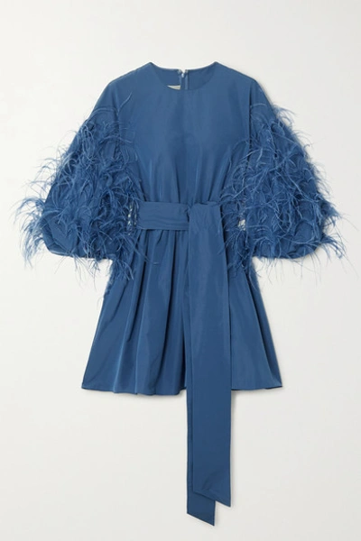 Shop Valentino Feather-embellished Cotton-blend Faille Mini Dress In Blue