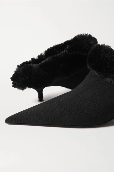 Shop Balenciaga Knife Faux Fur-trimmed Stretch-knit Mules In Black