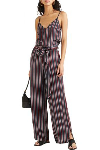 Shop Frame Easy Belted Striped Charmeuse Wide-leg Pants In Midnight Blue