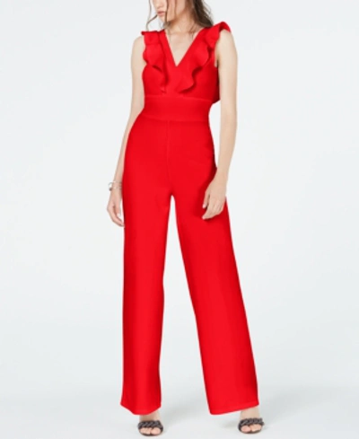 Shop Almost Famous Juniors' Ruffled Jumpsuit In Red