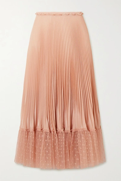 Shop Red Valentino Pleated Point D'esprit Tulle-trimmed Satin Midi Skirt In Blush