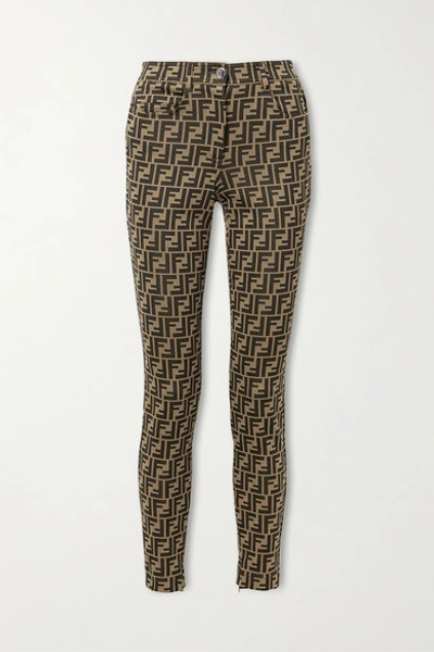Shop Fendi Stretch-jacquard Skinny Pants In Brown