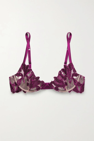 Shop Fleur Du Mal Lily Satin-trimmed Embroidered Stretch-tulle Underwired Bra In Plum