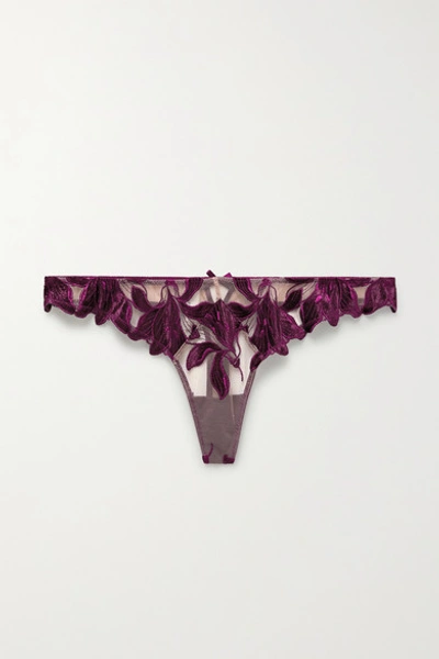 Shop Fleur Du Mal Lily Satin-trimmed Embroidered Stretch-tulle Thong In Plum