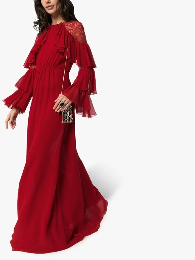 Shop Giambattista Valli Ruffle Lace Shoulder Silk Maxi Dress In Red