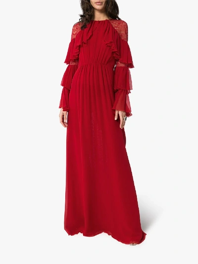 Shop Giambattista Valli Ruffle Lace Shoulder Silk Maxi Dress In Red