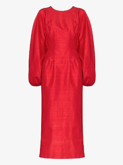 Shop Rasario Pouf Sleeve Silk Midi Dress In Red