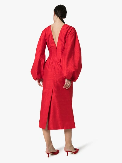 Shop Rasario Pouf Sleeve Silk Midi Dress In Red