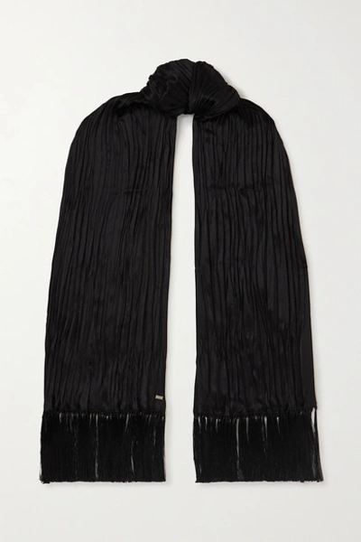 Shop Saint Laurent Tasseled Plissé-silk Scarf In Black